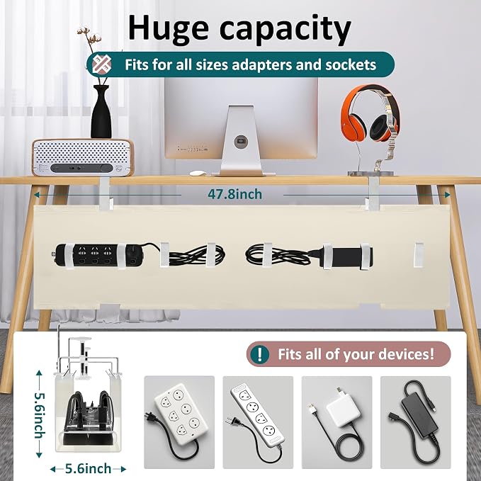 Extra Large 48" Under Desk Cable Management Tray for Standing Desk, No Drill Clamp On Wire Hider, Heavy Duty Anti-Sag Cord Organizer, Cable Tray for Studio & Dual Monitors (Beige, 47.8") - Image 2