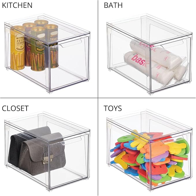 mDesign Plastic Stackable Closet Storage Organizer Bins with Pull Out Drawer for Cabinet, Desk, Shelf, Cupboard, or Dresser Organization - Lumiere Collection - 4 Pack - Clear - Image 9
