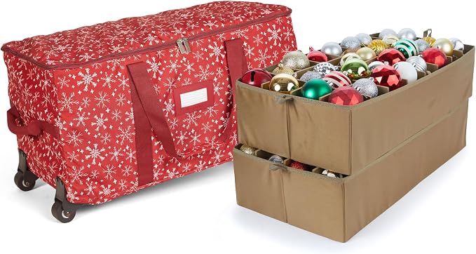 Covermates Keepsakes Rolling Adjustable Ornament Storage Bag – Heavy-Duty Polyester, FlexGrid Trays & Padded Dividers – Protective Holiday Organizer with Wheels, Handles & ID Window, Red Snowflake by Covermates