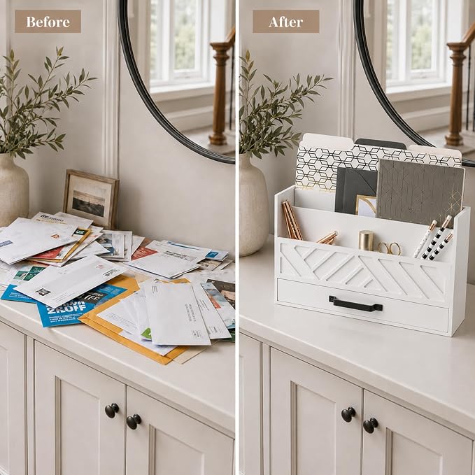 BLU MONACO | Wooden Mail Organizer with Drawer | Mail Organizer Countertop with 6 Compartments | Bill Holder for Desk | White Desktop Mail Sorter - Image 8