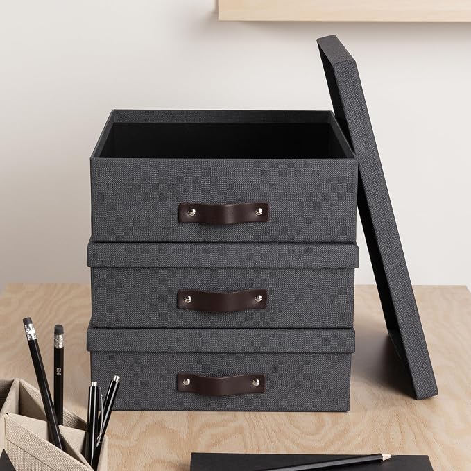 Bigso Oskar Canvas Fiberboard Document Letter Box for Important Paperwork A4 or Letter Size - Durable Keepsake Box with Lid and Leather Handle - 3.3in x 10.2in x 13.8in - Black - 3 Pack - Image 6