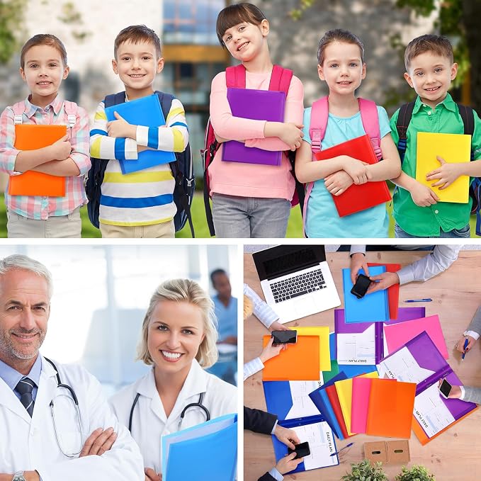 Cholemy 72 Packs Pocket Folders with Prongs Heavy Duty Plastic Folder with Business Card Slot 3 Prong Fasteners for School Office (Cute) - Image 6
