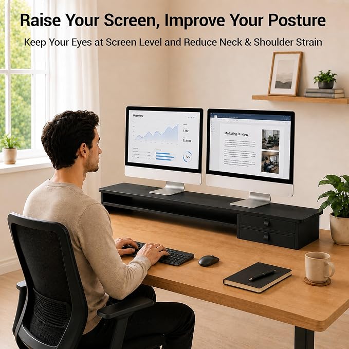 Dual Monitor Stand, 42.5 Inch Wood Monitor Riser with Drawers, 2 Tier Desktop Organizer for Computer Laptop TV, Large Screen Stand for Home Office Desk - Image 3