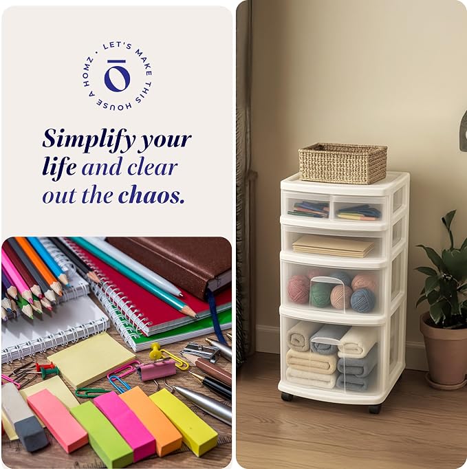 HOMZ Drawer Tower, 4-Tier Clear Plastic Storage Organizer Cart, White Frame - Rolling Drawers with Wheels for Desk, Dresser, Cabinet, Bedroom, Bathroom, Classroom, and Office Organization - Image 7