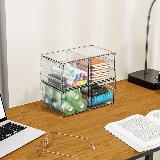 2 Pack Acrylic Storage Drawers With 4 Drawers,Stackable Desk Organizers and Makeup Organizer,Large Clear Office Supplies Organizer for Pen,Medical,Art Craft,Stationery Organizer for Countertop - Image 2