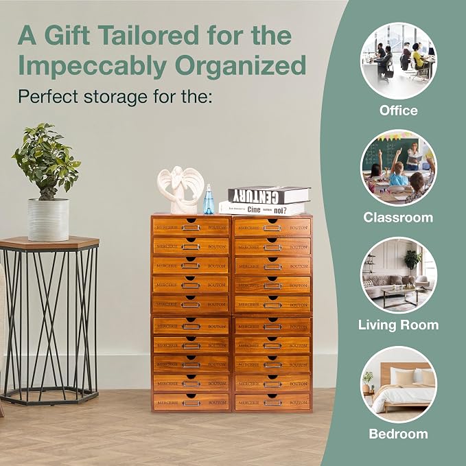 Fully Assembled Modular Stackable 20-Drawer Set of 4 Retro Wood Countertop Organizer Drawers - Mini Filing Cabinets for Desktop - Apothecary Card Catalog Library Storage Drawers w/ Label Holders - Image 7