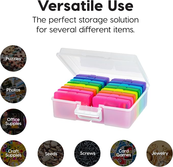 IRIS USA Photo Storage Box |Made in USA| 16 Cases - (2-Pack) - Pearl/Multi | Fits 4" x 6" Pictures / Built-In Handle / Organizing Containers for Tasks, Stickers, Ephemera & Flashcards - Image 5