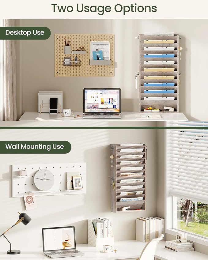 Wall File Organizer, 10-Tier Hanging Mail Organizer, Wall Mount File Holder with 4 Side Hooks, Industrial Mail and Storage Organizer, Wooden Vertical Hanging Holder for Office, Greige MWJ03FH - Image 5
