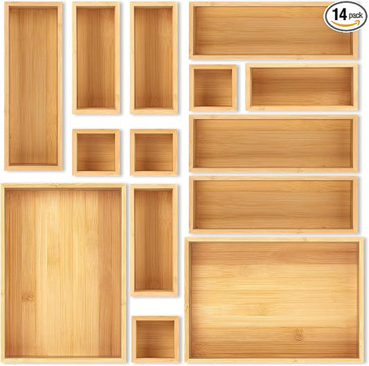 MapleGrace Bamboo Drawer Organizer Set, 14 PCS Wood Storage Organizers | Multi-Use Junk Drawer Divider, Storage Trays Containers for Kitchen, Bathroom, Office Desk, Makeup, Jewelry, Utensils by MapleGrace
