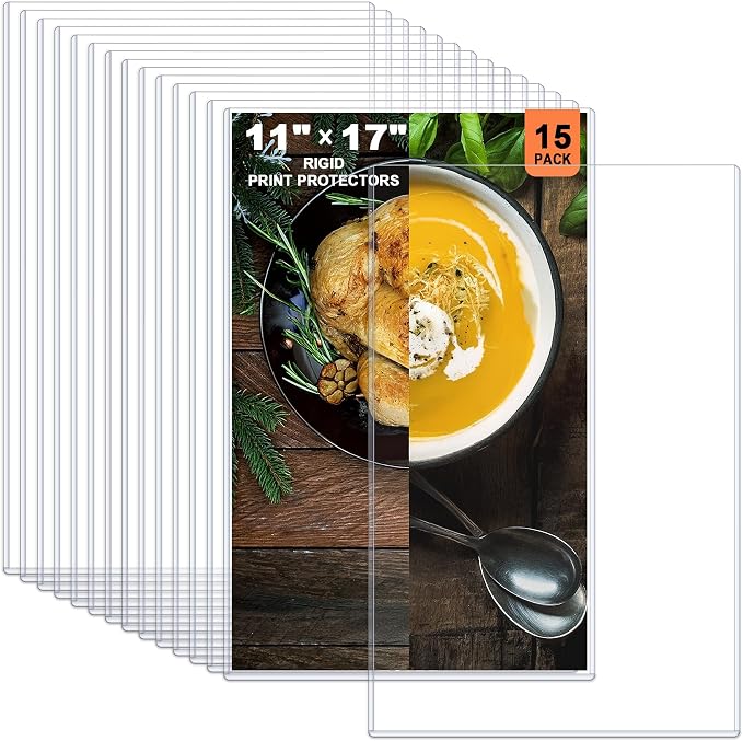 Ndsox 15 Pack 11" x 17" Rigid Print Protectors - Heavy Duty Hard Plastic Sheet Page Protectors - Crystal-Clear Menu Holders - Top Loading Art Prints Sleeves for Documents Magazines Posters Photographs by NDSOX