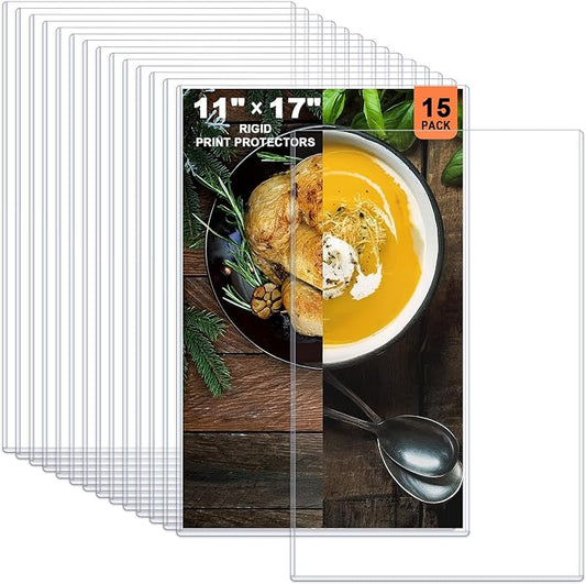 Ndsox 15 Pack 11" x 17" Rigid Print Protectors - Heavy Duty Hard Plastic Sheet Page Protectors - Crystal-Clear Menu Holders - Top Loading Art Prints Sleeves for Documents Magazines Posters Photographs by NDSOX