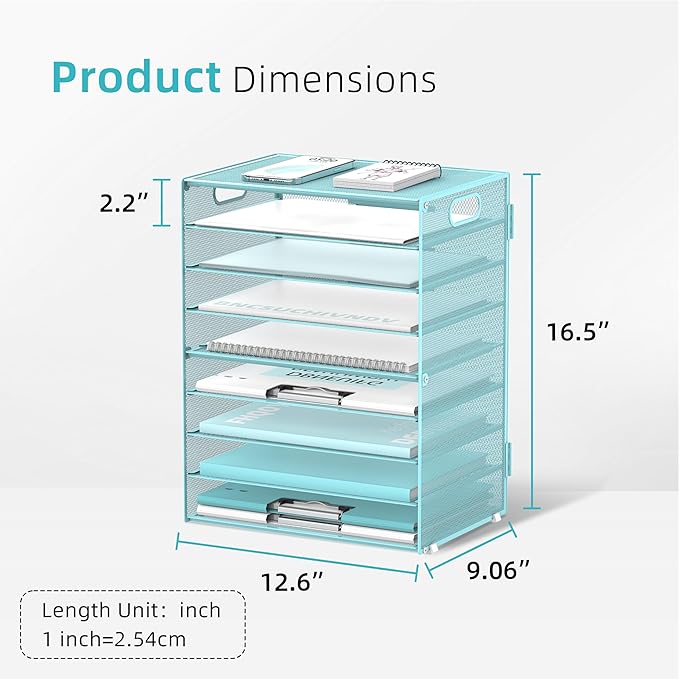 9-Tier Paper Organizer for Desk, Metal Mesh Letter Tray with Handles, Blue | Desk File Organizer with Removable Trays for Sorting Files, Folders, Mail and Printer Paper at Home, School or Office - Image 3