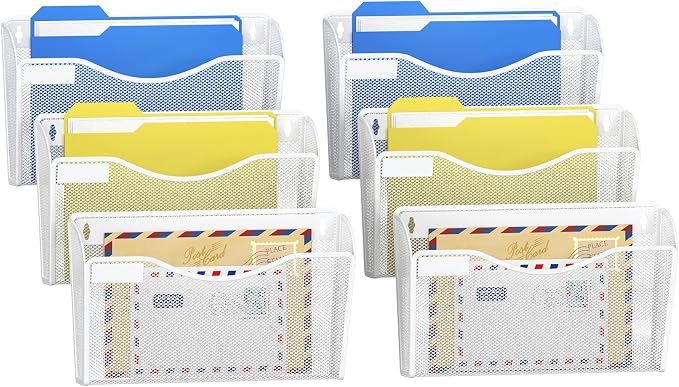 samstar 6 Pack Mesh Wall Mounted File Holder Metal Wall File Pocket Mail Organizer for Office/Home(with Label Panel), White by Samstar