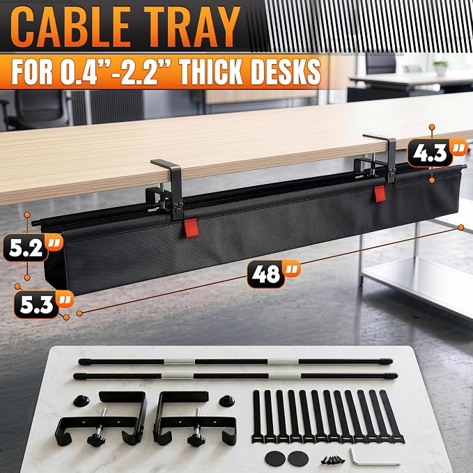 Under Desk Cable Management Tray 48" — No Drill Clamp-On Cord Organizer for Desk with Built-in Ties, Heavy Duty Metal Clamp, Foldable 600D Oxford Fabric for Home Office, WFH & Gaming PC Setup (Black) - Image 2