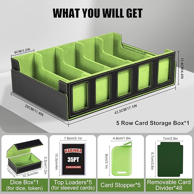 Kabinka Card Storage Box with Commander Display, 5-Row Deck Case with Removable Lid; 3900+ Card Deck Box for MTG Sports Cards, 5 Top Loaders, 5 Stoppers, 48 Dividers,1 Dice Tray (Black & Lemon Green) - Image 2