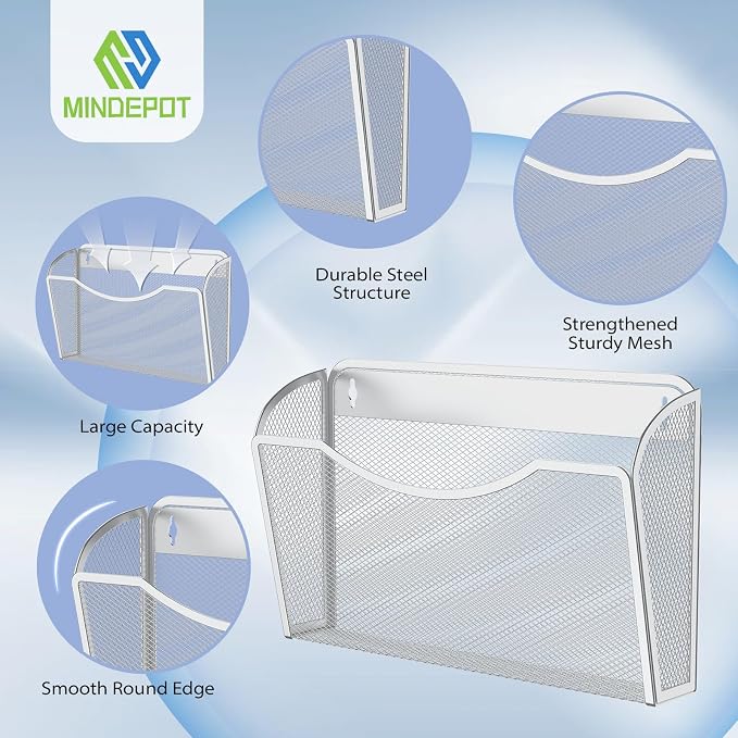 MINDEPOT Wall File Organizer, Hanging Wall File Holder, 3 Pack, Silver | Heavy Duty Iron, Metal Mesh Wall Mount, Single Pocket, Mail Organizer, for Office School Classroom Home, Letter A4 Size - Image 3