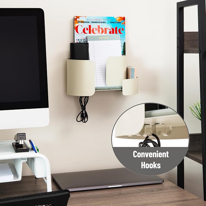 Mind Reader Hanging Accessory Organizer, Adhesive Wall-Mounted Shelf with Hooks for Home, Office, Dorm, or Bathroom, Metal, Tan - Image 4