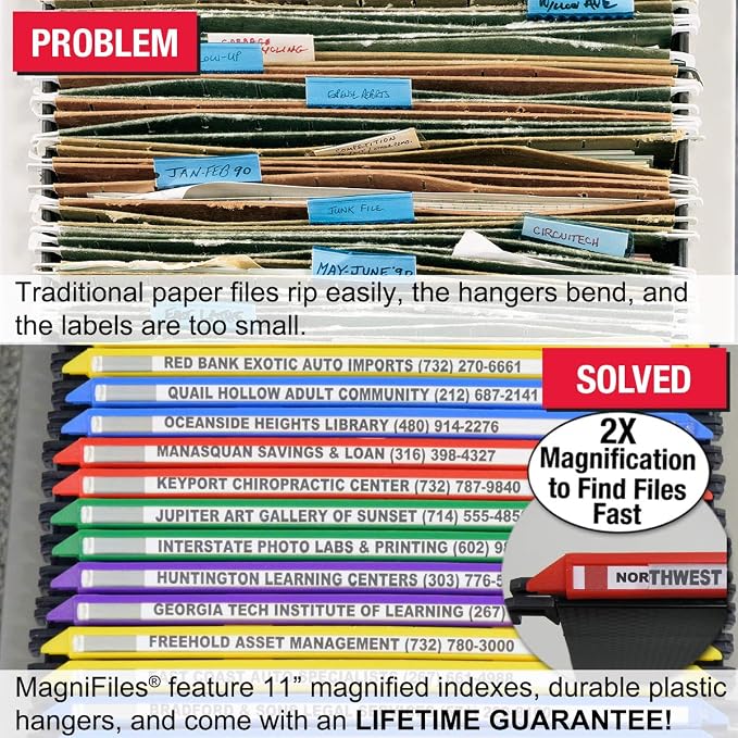 Ultimate Office MagniFile V-Bottom Hanging File Folders, Set of 10 Assorted | 11" Magnified Lens DOUBLES The Size of File Titles to FIND FILES FAST and Allows for Longer File Descriptions. Letter Size - Image 2