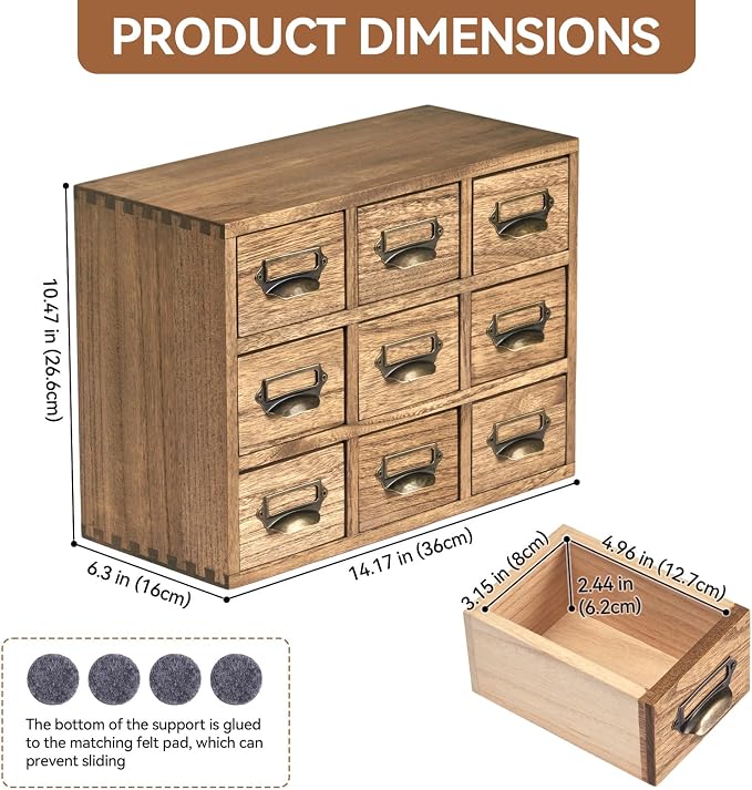 KIRIGEN Wooden Desk Organizer with 9 Drawers, Storage Cabinet, Brown | Solid Wood Desktop Organizer with Metal Label Handles for Office Supplies, Crafts, Tea Bags, Makeup, Fully Assembled - Image 8