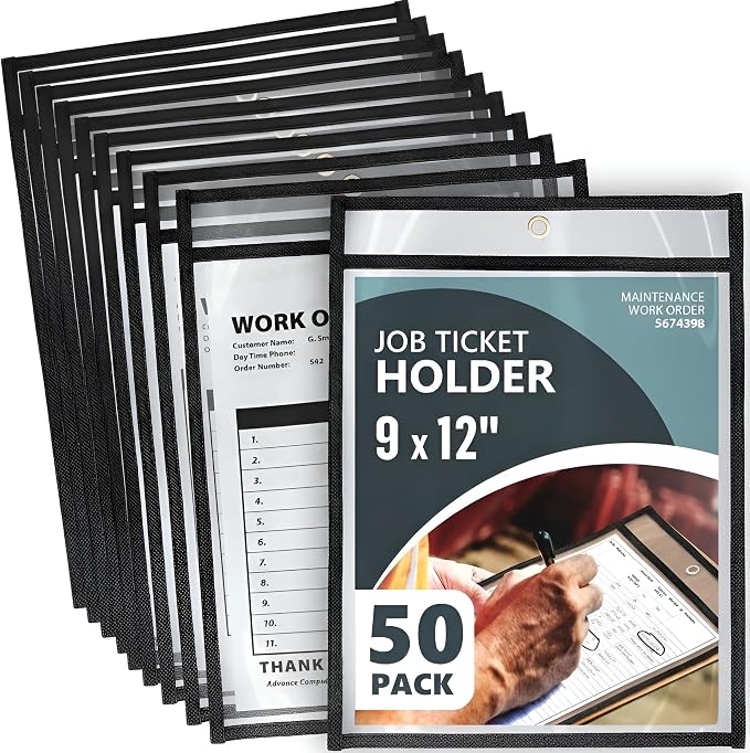 50 Pack Job Ticket Holders 9x12 Heavy Duty - Automotive Work Order Plastic Sleeves - Clear Shop Ticket Holders - Repair Order Sleeves - Plastic Sleeve for Paper - Dry Erase Pockets - Work Order Folder by Juzari