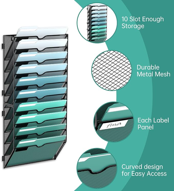 10-Tier Wall File Organizer, Hanging File Holder, Wall Mounted Mail Sorter | Metal Mesh Hanging File Organizer with Open Compartments and Label Panels for Papers and Folders at Home, Office or School - Image 3