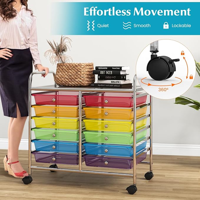 GOFLAME 12-Drawer Rolling Storage Cart, Multifunctional Art Craft Organizer Cart, Mobile Utility Storage Cart with Removable Drawers & Lockable Wheels, Craft Cart for Home Office School, Rainbow - Image 7