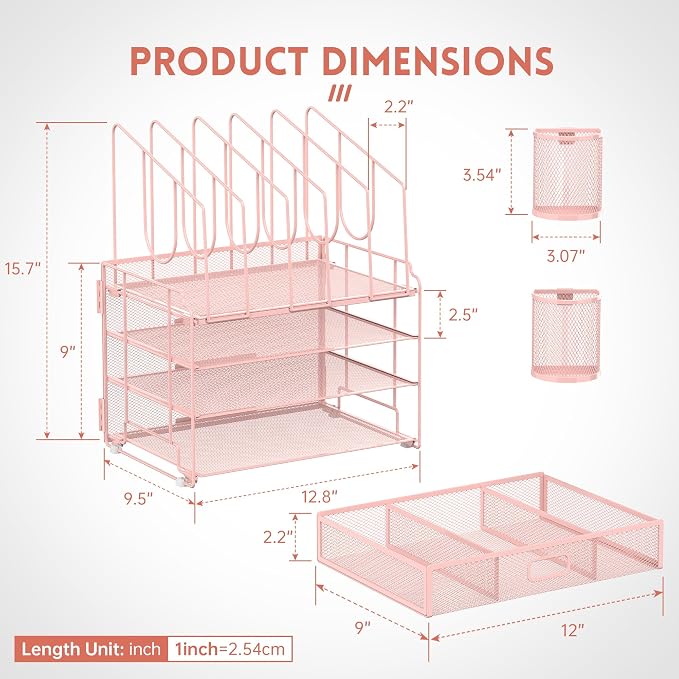 DALTACK 4-Tier Mesh Desk Organizer with Drawer, Desktop Organizer with 5 Vertical File Holders and 2 Pen Holders, File Organizer for Desk, Multifunction Office Desk Accessories, Pink - Image 3
