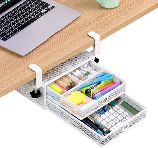 Under Desk Drawer, Clamp on Desk Organizer Slide Out Table Storage No Drill | 2Tier Under desk drawer: clamp on desk organizer, under desk drawer slide out, hanging desk organizer, no drill table storage by OfficeProducts