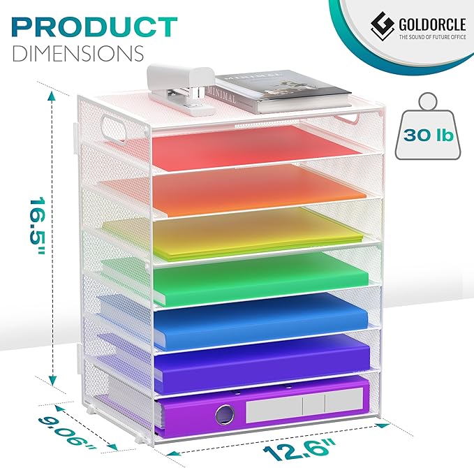 8 Tier Paper Letter Tray Organizer with Handles for Desk (White) | Mesh Desk File Holder Storage Organization for Home School Classroom & Office - Image 2