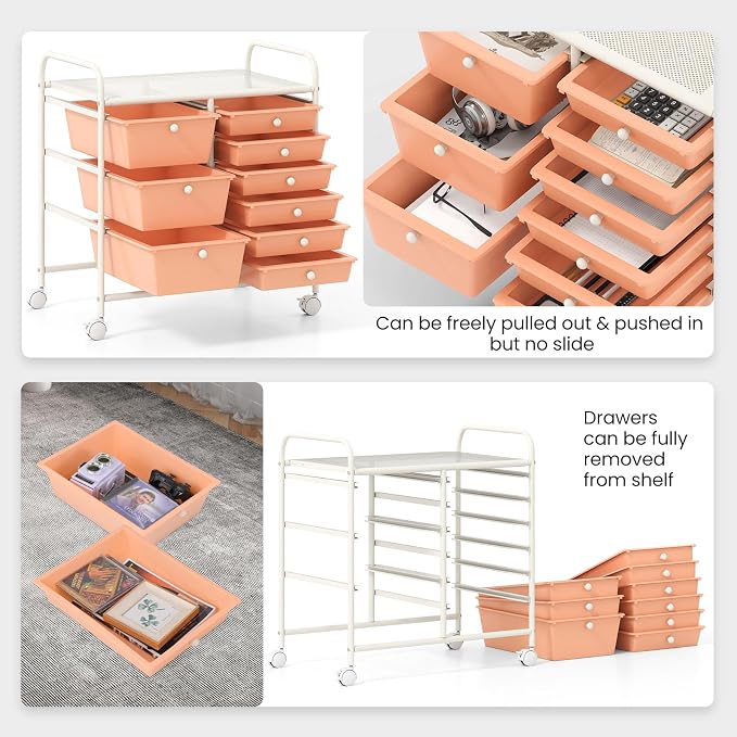 Giantex 9 Drawers Rolling Cart, Classroom Organizers, Storage Cart with Wheels, for Teacher Office Home School Supplies Tool Craft Art Paper, Peach Fuzz - Image 5