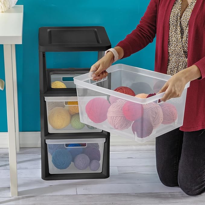 Plastic Drawer Wide Tower Plastic Storage Cart with Clear Pull Out Drawers, Black (Black, 3 Drawer Wide Tower) - Image 5