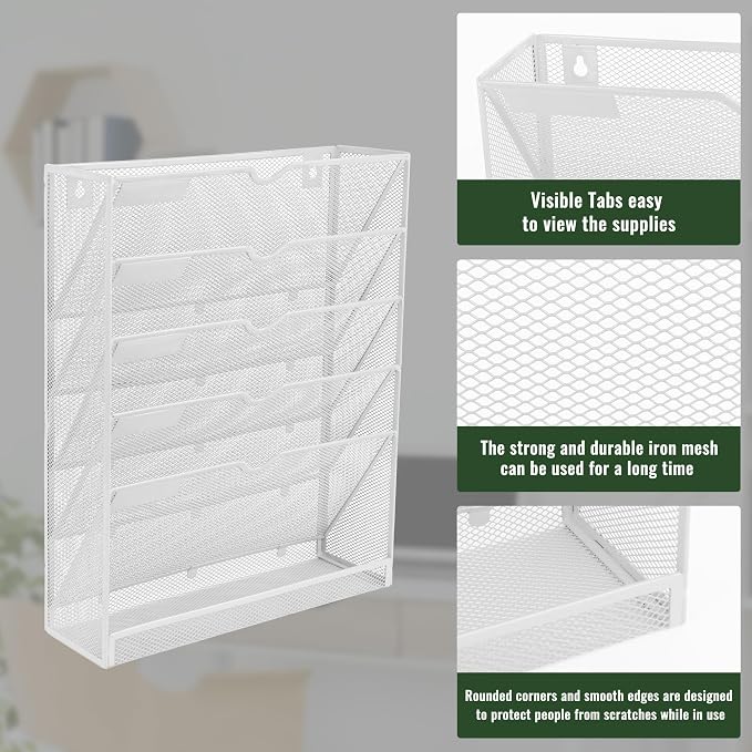 6 Tier Mesh Hanging Wall File Organizer, Desk Vertical Mail Paper Document Folder Holder Rack with Bottom Tray and Nametag Label for Office Home School, White - Image 4