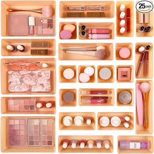 Vtopmart 25 Pack Plastic Drawer Organizers with Non-slip Rubber Pads | 4-Size Versatile Makeup Organizer, Storage Containers Small Bins for Makeup, Jewelries, Bedroom, Kitchen Utensils and Office by Vtopmart