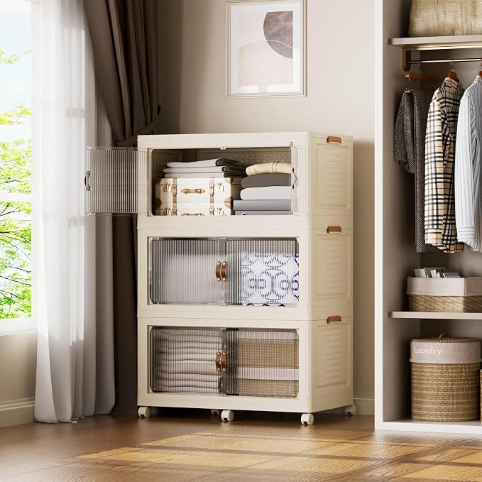 SAILUN 579Qt Stackable Storage Bins,Storage Cabinet with a Lid,3 Pack Cream | Stackable Storage Drawers with Lids,33.5" W x 19" D x 53" H,Featuring open-front Access for Clothes and Closet Storage by SAILUN