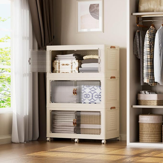 SAILUN 579Qt Stackable Storage Bins,Storage Cabinet with a Lid,3 Pack Cream | Stackable Storage Drawers with Lids,33.5" W x 19" D x 53" H,Featuring open-front Access for Clothes and Closet Storage by SAILUN