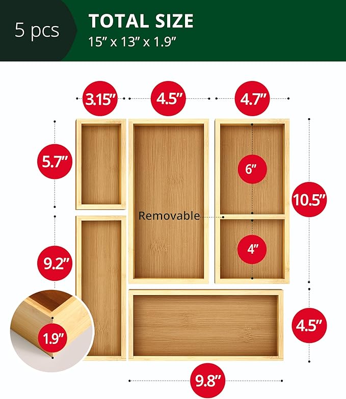ROYAL CRAFT WOOD 5-Piece Bamboo Drawer Organizer Set – Multi-Use Storage Trays for Kitchen, Bathroom, Office, Makeup, Jewelry & More – Junk Drawer Tray, Utensil Holder, Storage Box & Bin Set (5 Boxes) - Image 2