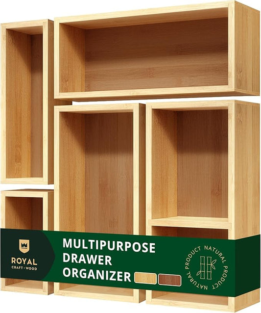 ROYAL CRAFT WOOD 5-Piece Bamboo Drawer Organizer Set – Multi-Use Storage Trays for Kitchen, Bathroom, Office, Makeup, Jewelry & More – Junk Drawer Tray, Utensil Holder, Storage Box & Bin Set (5 Boxes) by ROYALCRAFTWOOD