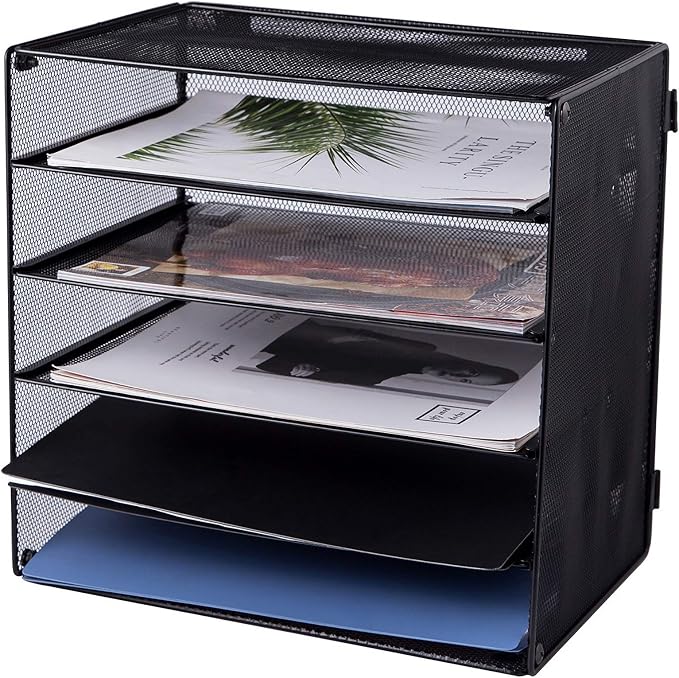 5 Slot Mesh Desk Organizer Tray, File Paper Letter Folder Holder Desktop Paper Sorter Mail Organization Rack Storage Accessories, for Office Home School Classroom, Black, 2 Pack - Image 7