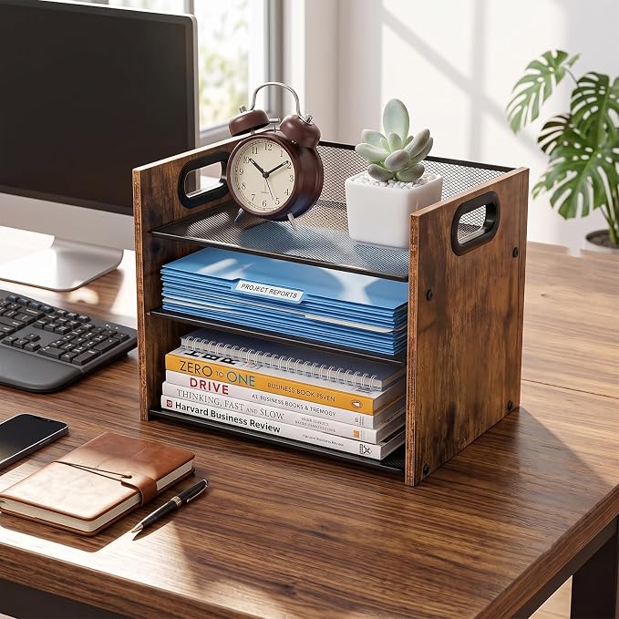 Desk Organizer - 3 Tier Wood & Metal Mesh Desktop Organizer for Office, Home, School, Workspace, Office Desk Organzier for Papers, Mail, Notebooks, Stationery - Image 8