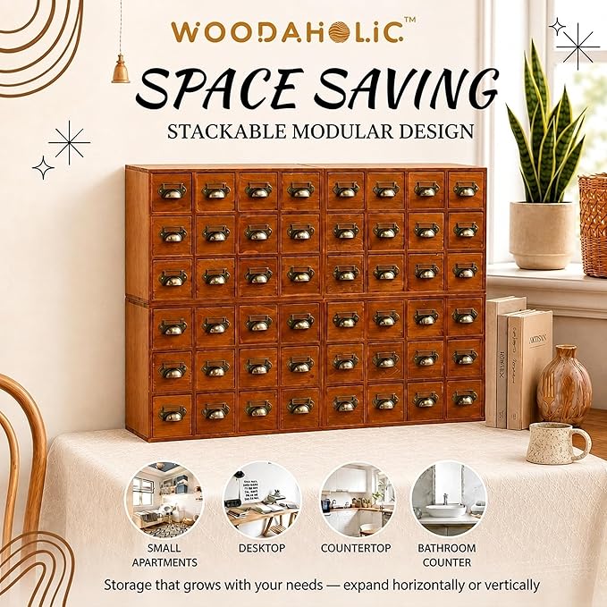 48 Drawer Wood Storage Organizer, Stackable Apothecary Cabinet with Brass Handles & Label Holders, Modular Card Catalog Drawer Chest for Crafts, Hardware, Beads, Spices, Office Desk - Image 2
