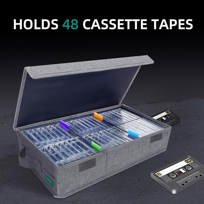 Cassette Tape Storage Box Pack of 2, Practical Cassette Tape Holder 16.34 x 9.25 x 3.54 Inch, Cassette Rack with Lids and Index Labels to store to 96 Cassette Cases - Gray - Image 2