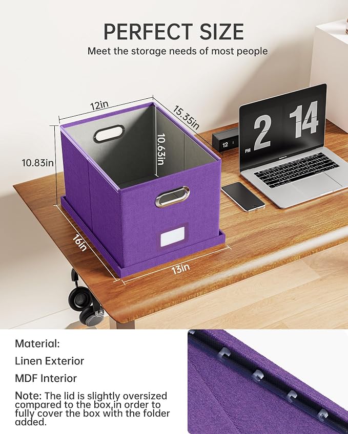 2 Pack File Storage Organizer, Filing Box, Portable File Box with Lid, Fit for Letter/Legal File Folder Storage, Document Organizer, Purple - Image 3