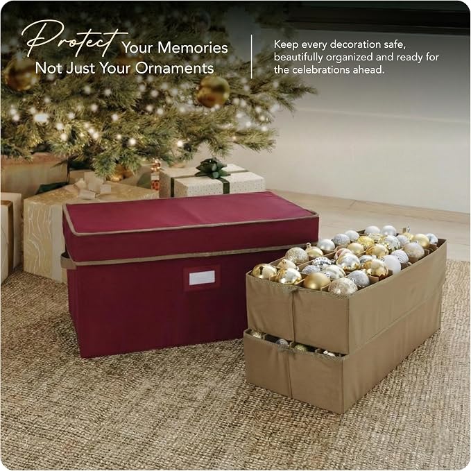 Covermates Keepsakes Adjustable Ornament Storage Box – Heavy-Duty Polyester, Padded Dividers & FlexGrid Trays – Protective Holiday Organizer with Stackable Walls & Label Window, Red - Image 2