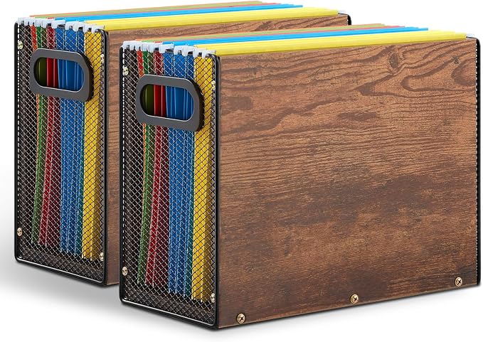 AmazingSpark Wooden Hanging File Organizer Box, 2 Pack Desktop Filing Box with Handles, Solid Wood & Metal File Organizer for Letter Size Hanging Folders, Home Office Storage Decor by Unknown