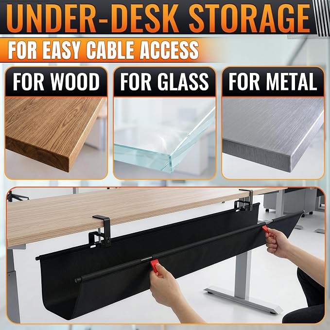 Under Desk Cable Management Tray 36" — No Drill Clamp-On Cord Organizer for Desk with Built-in Ties, Heavy Duty Metal Clamp, Foldable 600D Oxford Fabric for Home Office, WFH & Gaming PC Setup (Black) - Image 6