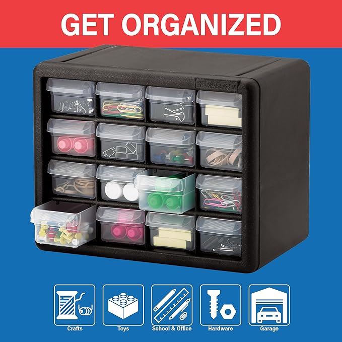Akro-Mils 16-Drawer Plastic Storage Cabinet, 10.5"W x 6.5"D x 8.5"H, Black | Plastic Cabinet w/ Drawers for Garage Organization, Beads, Makeup Organizer, Building Bricks Storage, Teacher Toolbox, 10116 - Image 4