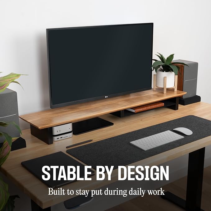 COREMINDED Solid Wood Dual Monitor Stand Riser, 42 Inch Oak Desk Shelf | Fits 2 Monitors, Sturdy & Stable Solid Wood, Under Monitor Keyboard Storage, Office Desktop Organizer, Easy Assembly, Oak - Image 2