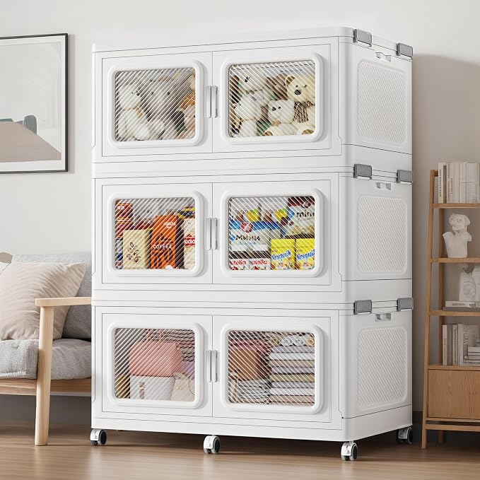 BROVIEW 660 Qt/165 Gal Stackable Storage Bins with Lids, 3 Pack, White | Large Stackable Storage Boxes w/ 3 Lid Folding Plastic Cart Organizer for Home Kitchen, Open Front Clear Door with Wheels by BROVIEW-EnjoytheArtofLife