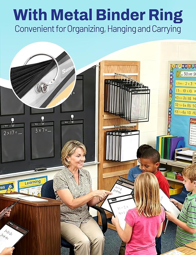 SUNEE 30 Packs Oversized Reusable Dry Erase Pocket Sleeves with 2 Rings, Black 10x14 Ticket Holders, Clear Plastic Sheet Protectors, Teacher School Classroom Supplies - Image 6