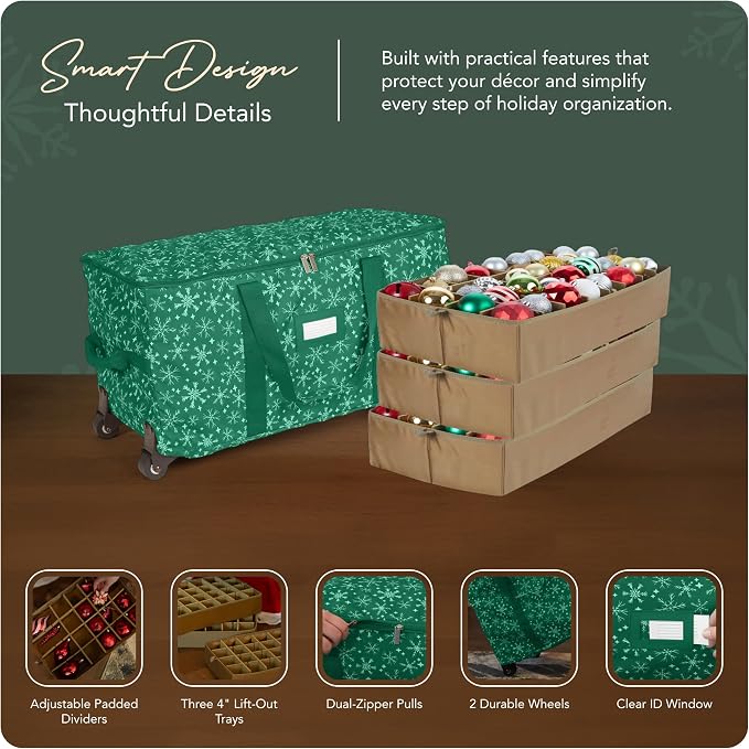 Covermates Keepsakes Rolling Adjustable Ornament Storage Bag – Heavy-Duty Polyester, FlexGrid Trays & Padded Dividers – Protective Holiday Organizer with Wheels, Handles & ID Window, Green Snowflake - Image 4